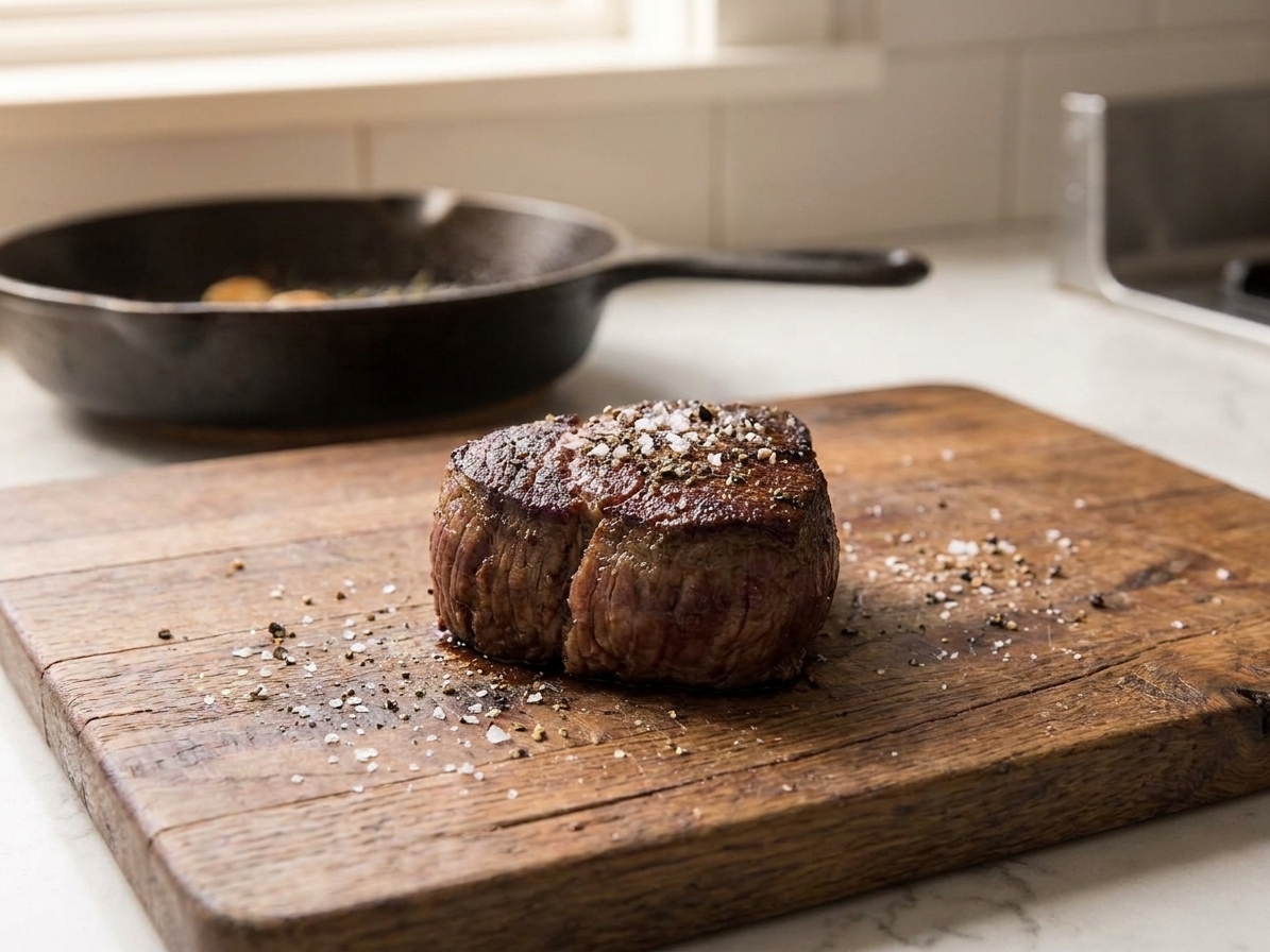 Close-up of a filet mignon with a deep brown crust resting on a cutting board with coarse salt and cracked pepper visible