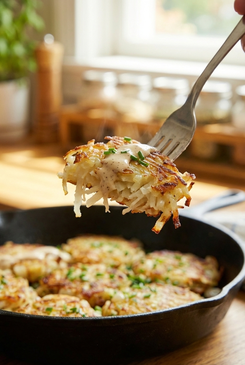 Close-up of a fork lifting a bite of crispy shredded hashbrown showing golden crust and tender potato strands