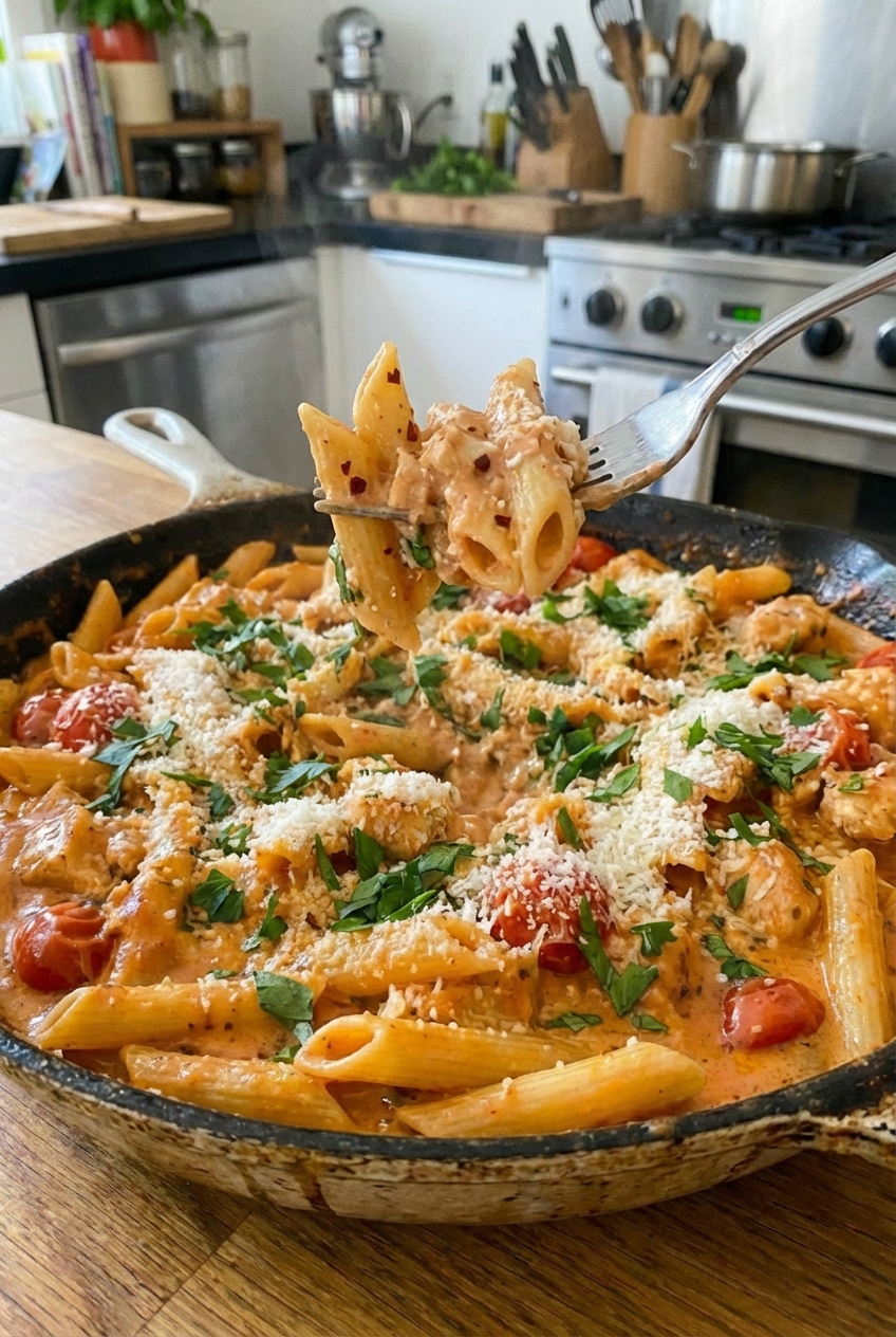Close-up of a fork lifting creamy tomato chicken pasta with visible pepper flakes and Parmesan