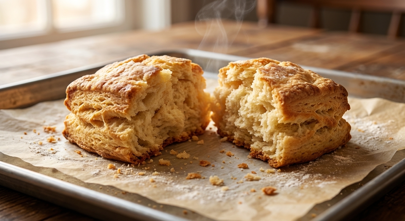 Close up of a freshly baked scone broken in half showing flaky layers and a tender interior crumb, with a few crumbs on a parchment lined baking sheet, warm natural light, photorealistic food photography