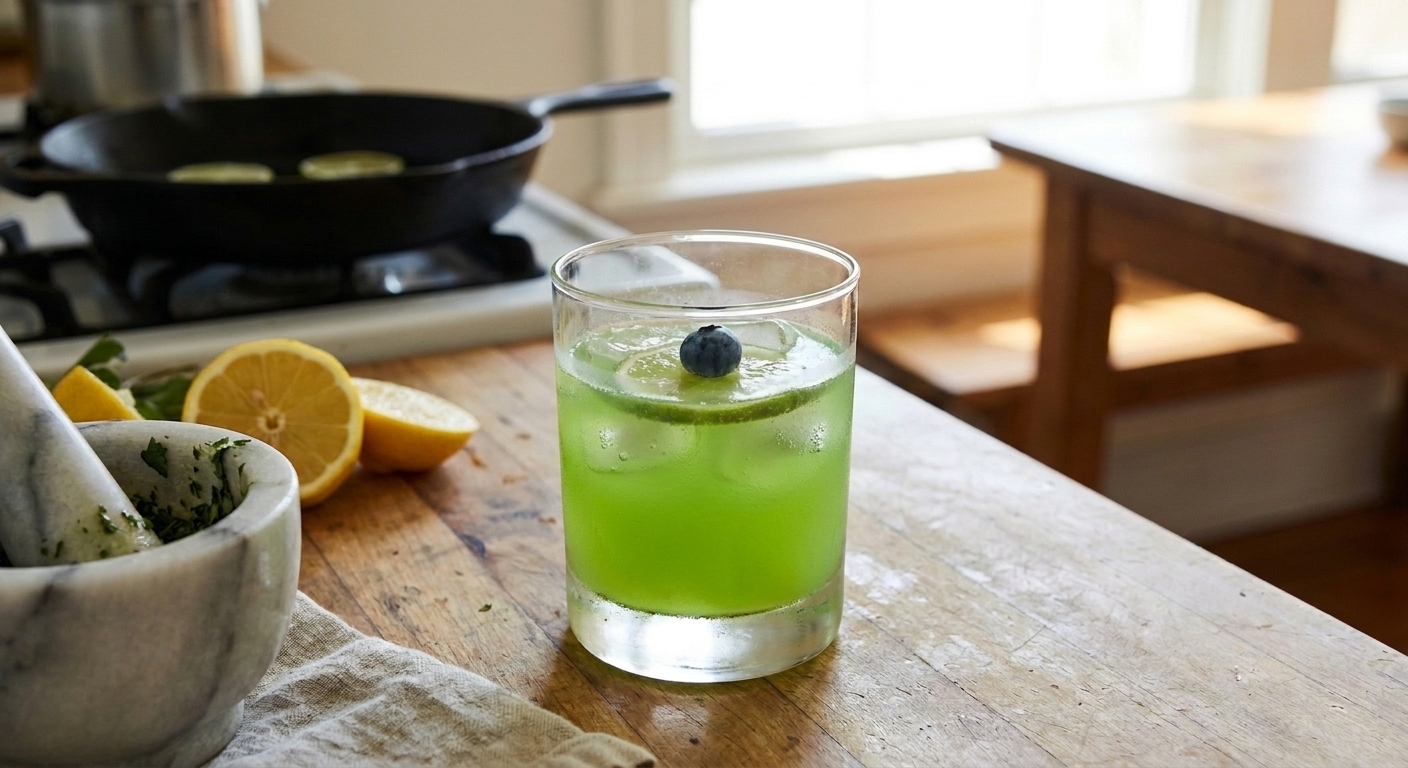Close up of a glass of green citrus punch with a single blueberry floating near the center, ice cubes visible