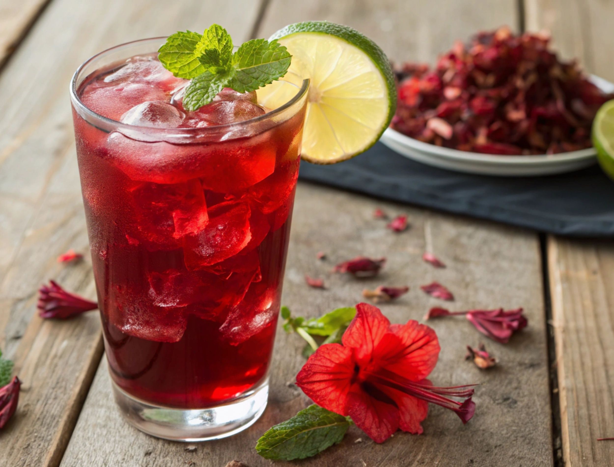 Close-up of a glass of hibiscus iced tea with melting ice and a lime wedge on the rim