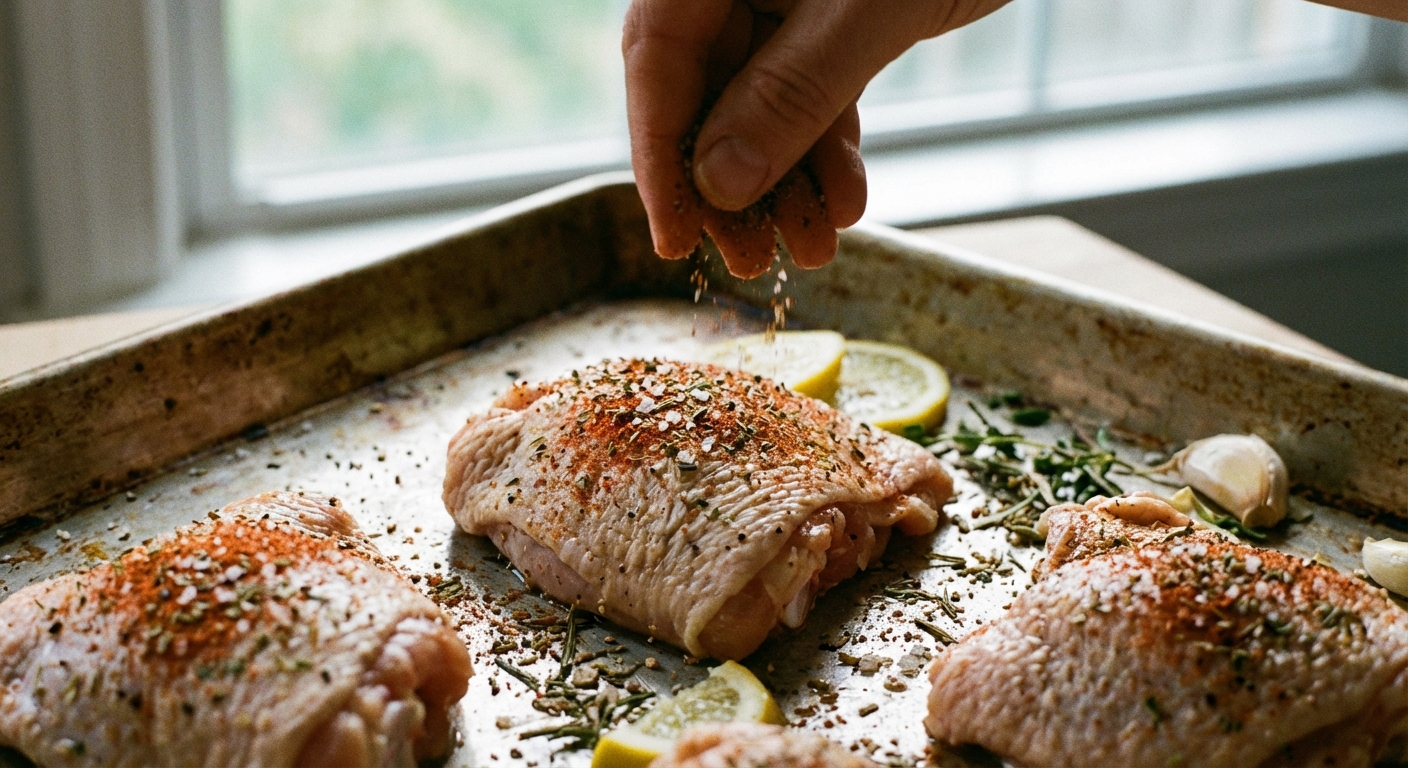 Close-up of a hand sprinkling seasoning over raw chicken thighs on a sheet pan