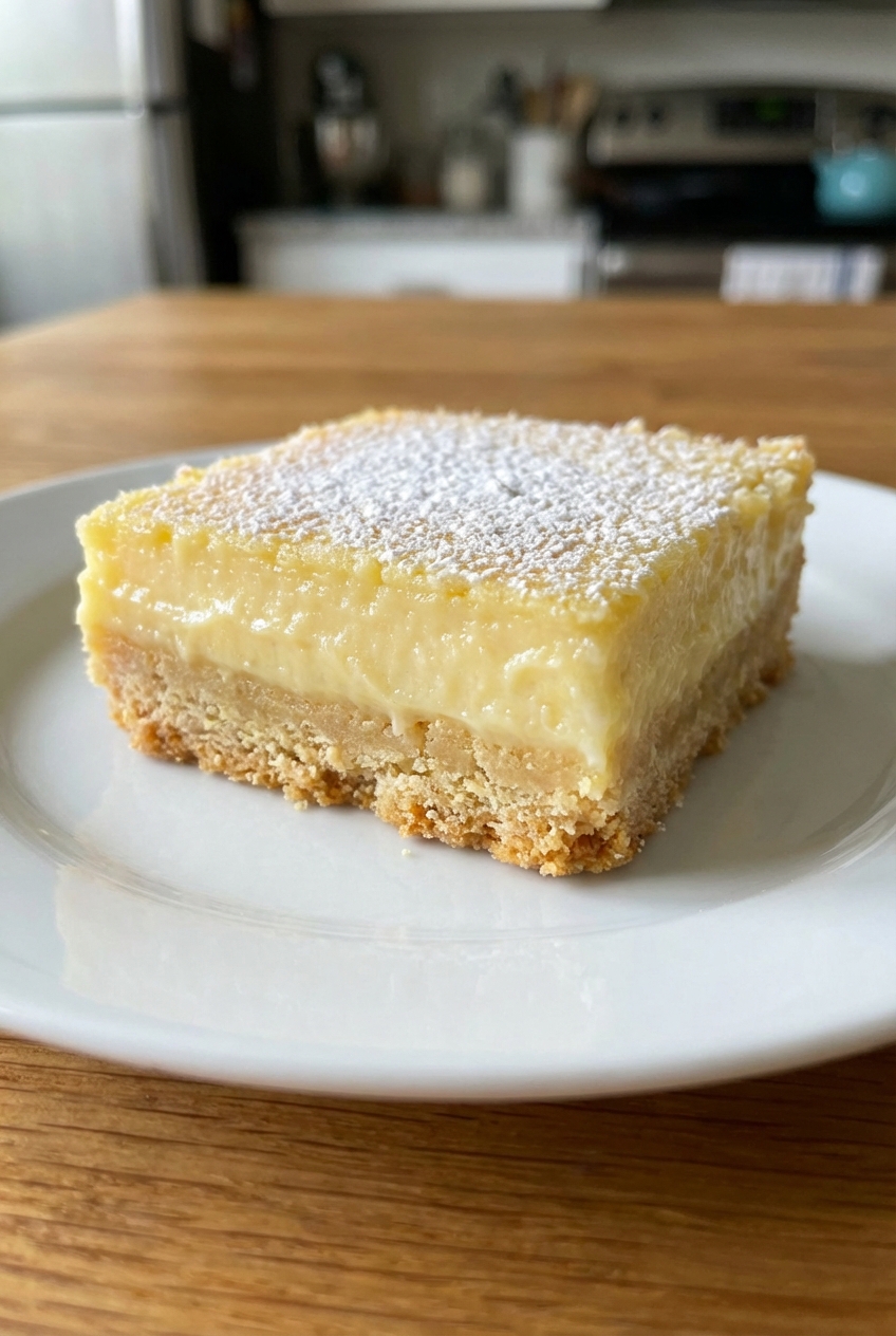 Close-up of a lemon bar showing the creamy yellow filling and crisp shortbread crust