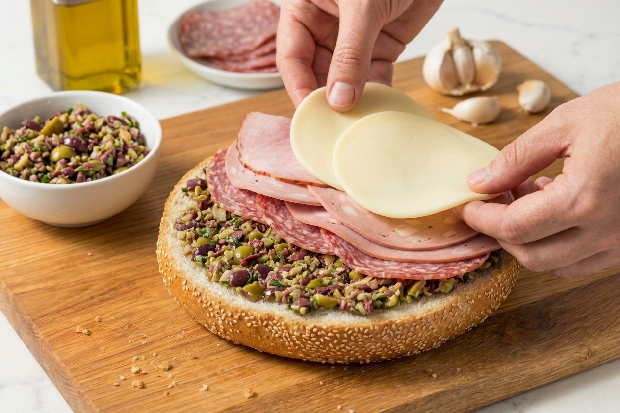 Close-up of a muffaletta being assembled with layers of salami, mortadella, ham, provolone, and olive salad on a cutting board