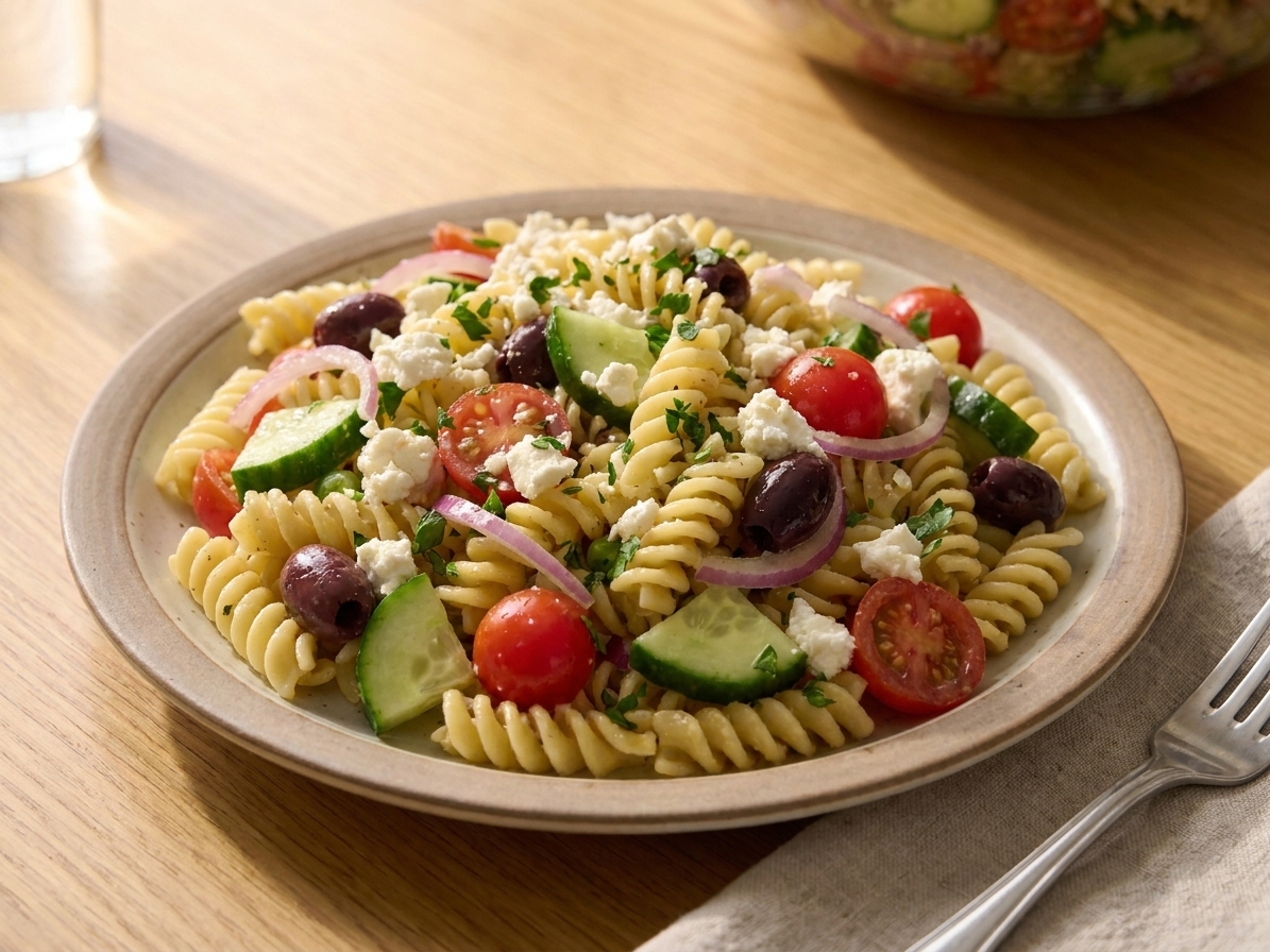 Close up of a plated portion of Greek pasta salad showing glossy pasta, cucumber, tomato, olives, and crumbled feta with parsley