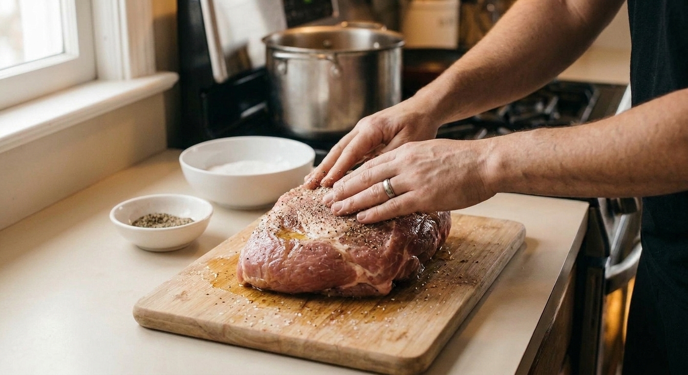 Close-up of a pork shoulder on a cutting board being rubbed with kosher salt and black pepper in a home kitchen