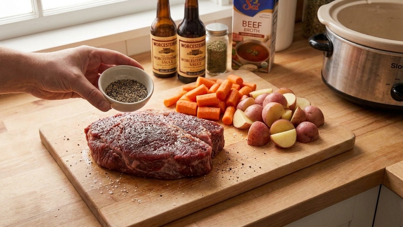 Close-up of a raw chuck roast on a cutting board being seasoned with salt and black pepper next to chopped carrots and potatoes on a kitchen counter