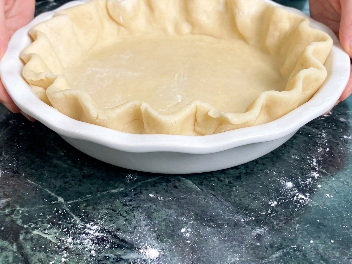 Close-up of a raw pie crust edge neatly crimped around a ceramic pie dish on a kitchen counter