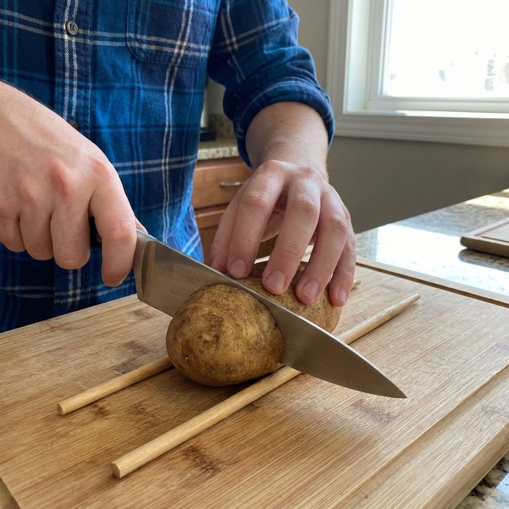 Close-up of a raw russet potato on a cutting board being sliced into thin even slits with two wooden chopsticks placed on either side as slicing guides, kitchen prep scene in natural light