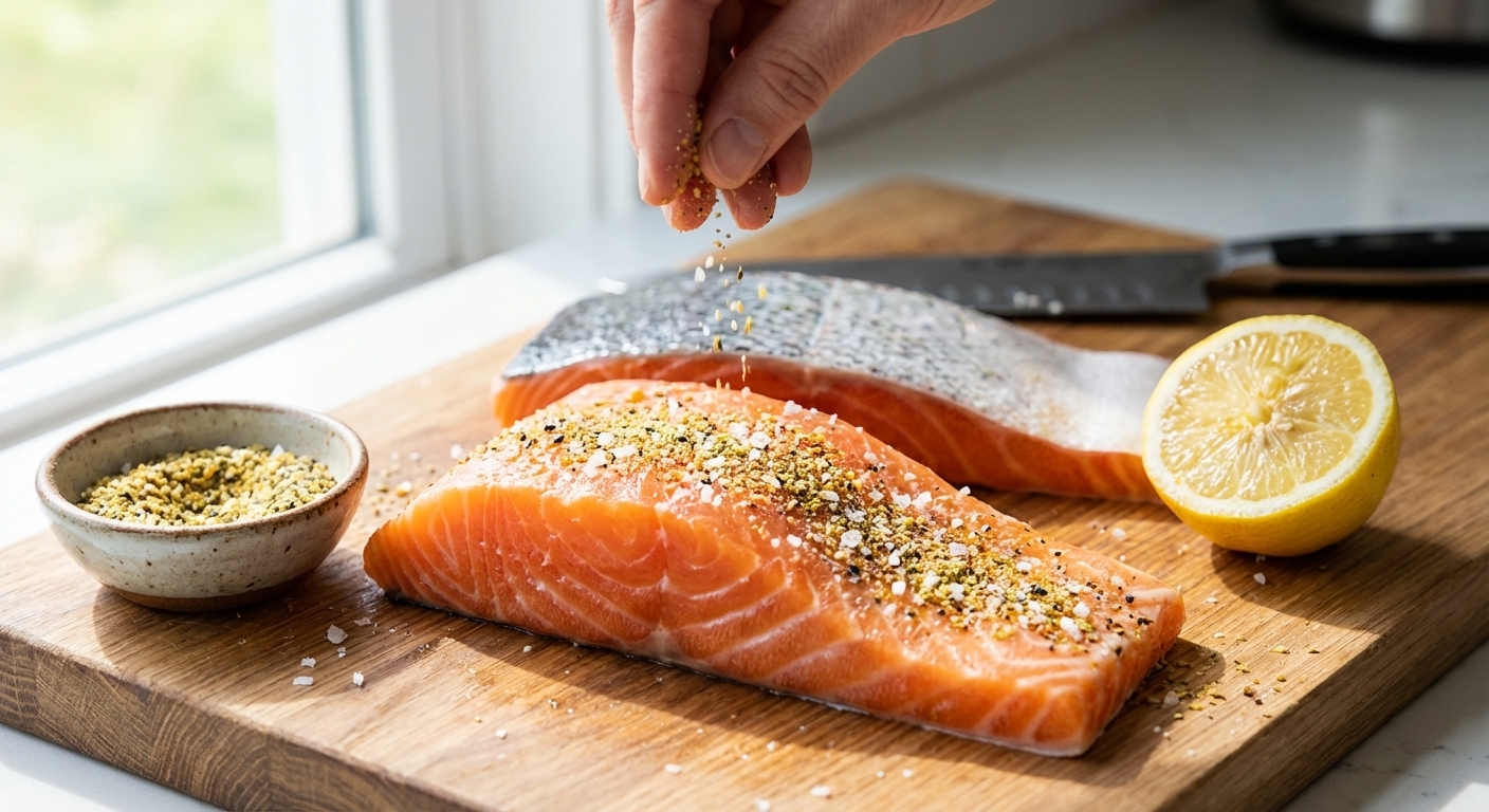 Close-up of a raw salmon fillet on a cutting board being sprinkled with lemon pepper seasoning and salt, with a small bowl of seasoning and a halved lemon nearby, bright natural light, photorealistic food photography