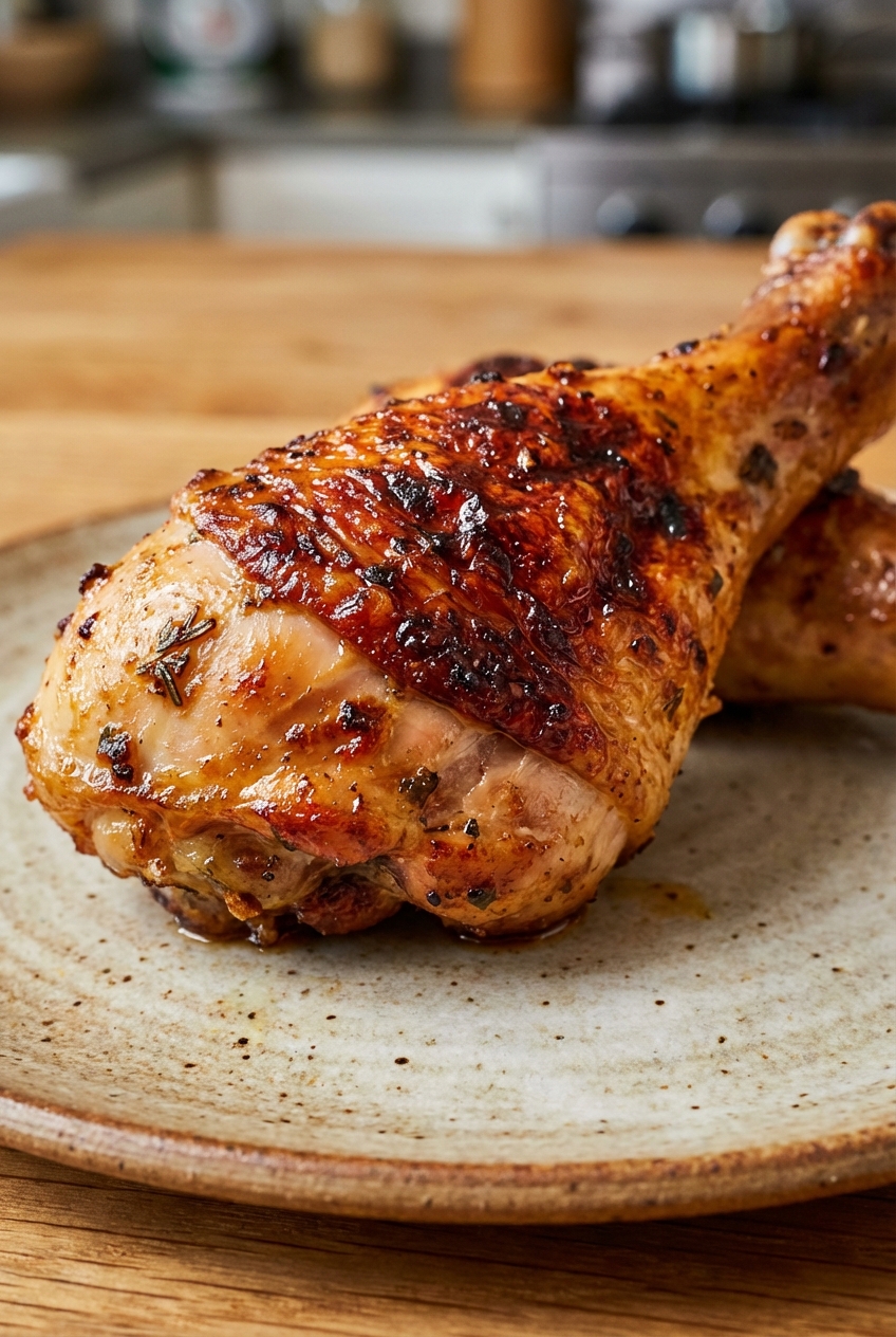 Close-up of a single baked chicken drumstick showing crisp browned skin