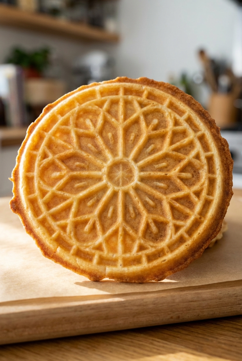 Close-up of a single golden pizzelle cookie showing the classic snowflake pattern