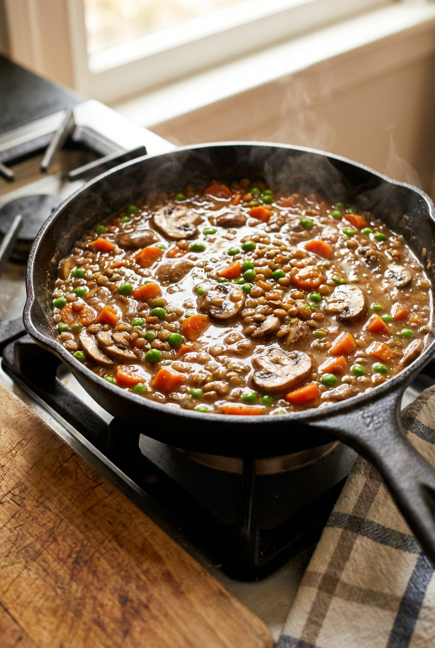 Close-up of a skillet with lentils, mushrooms, carrots, and peas simmering in a glossy brown gravy