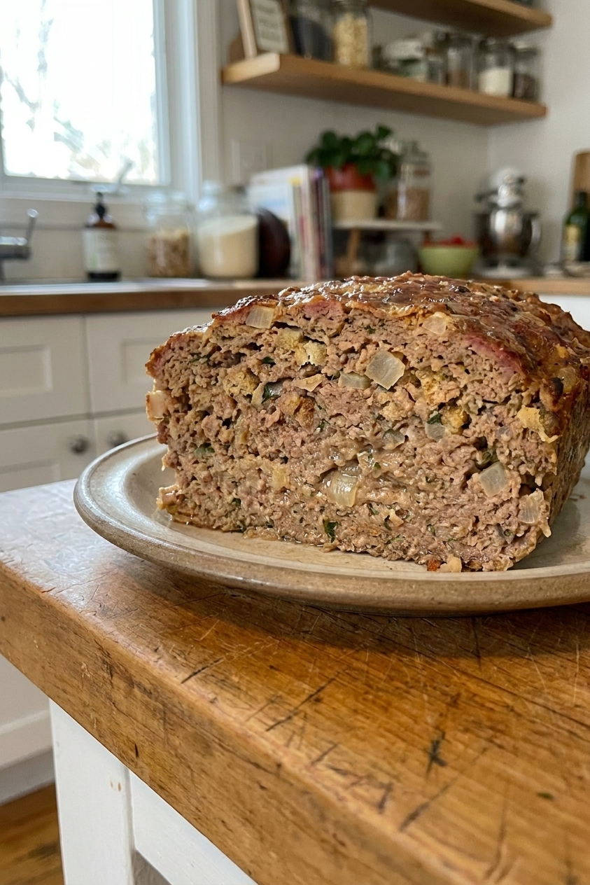 Close up of a slice of meatloaf showing a moist, tender interior with bits of onion and breadcrumbs, on a plate in a home kitchen, real photography