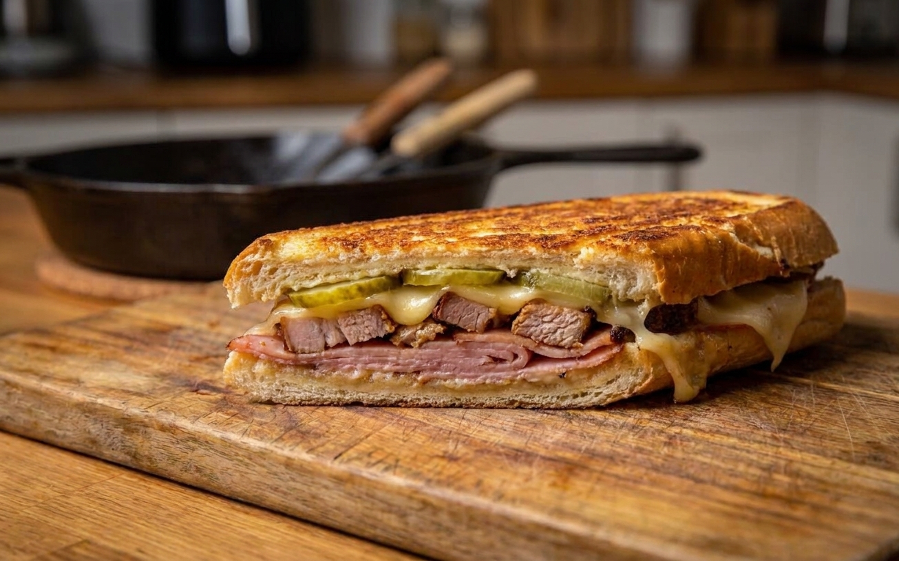 Close-up of a sliced Cubano sandwich showing layers of ham, pork, melted Swiss, and pickles with crisp toasted bread