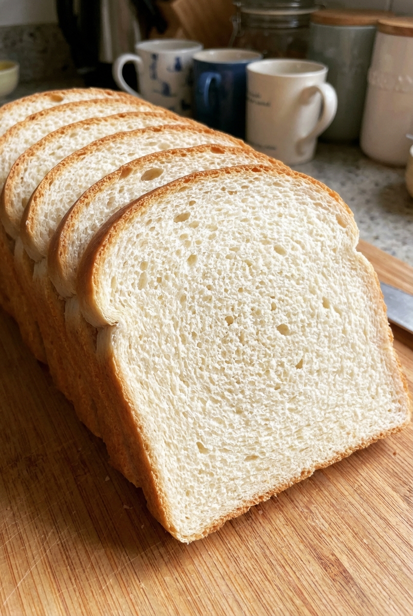 Close-up of a sliced white bread loaf showing a soft, even crumb