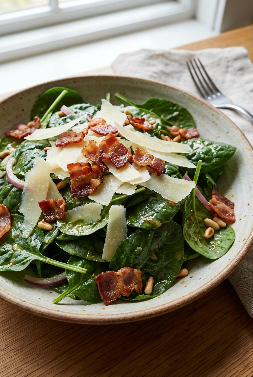 Close-up of a spinach salad topped with shaved Parmesan and crispy pancetta