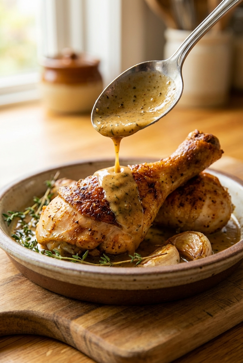 Close-up of a spoon drizzling creamy pan sauce over a browned chicken drumstick