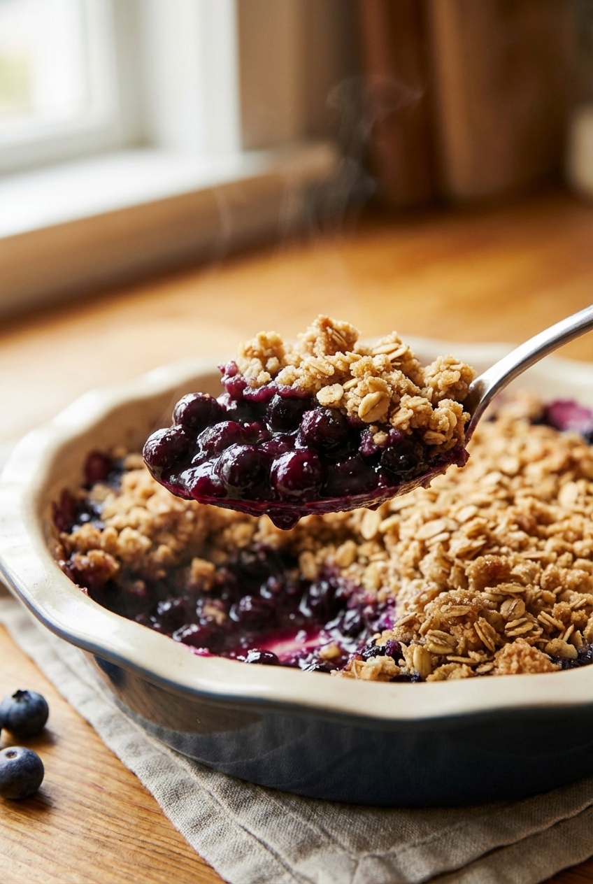 Close-up of a spoon lifting a scoop of blueberry crisp showing jammy berries and crunchy oat topping