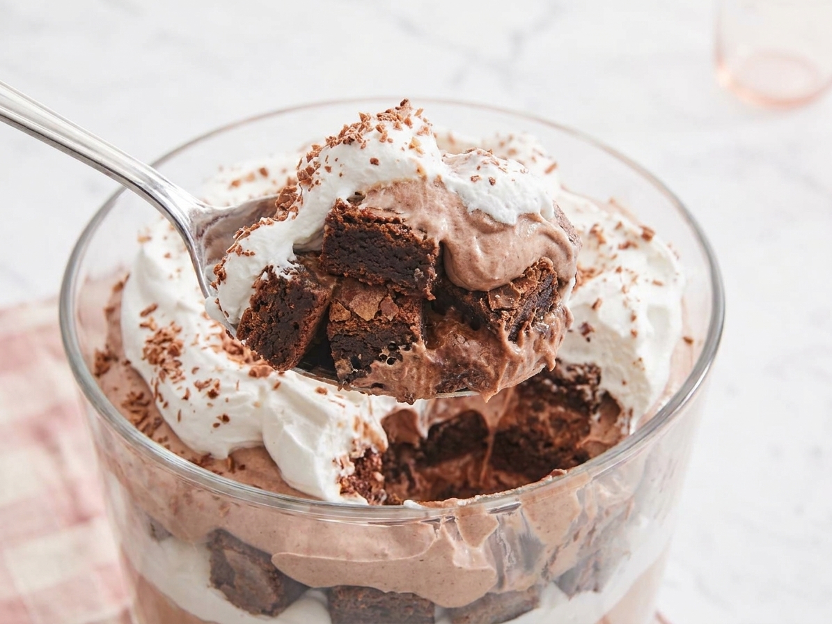 Close-up of a spoon lifting a scoop of chocolate trifle showing brownie pieces, chocolate pudding, and whipped cream layers