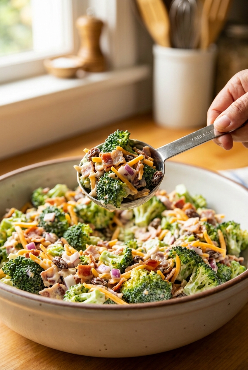 Close-up of a spoon lifting creamy broccoli salad with bacon and cheddar from a serving bowl
