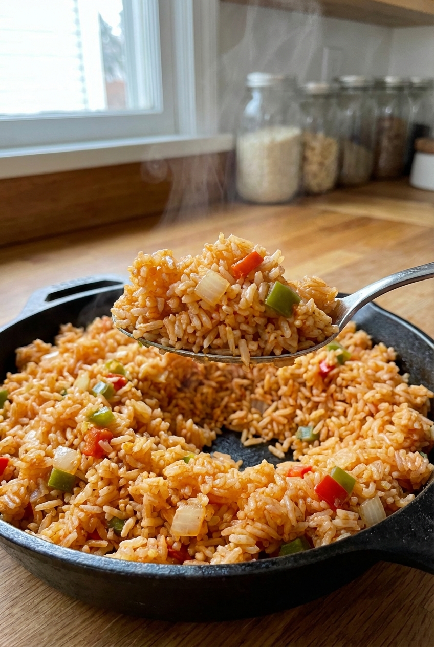 Close-up of a spoon lifting fluffy Spanish rice from a pan, showing separate grains with bits of onion and pepper