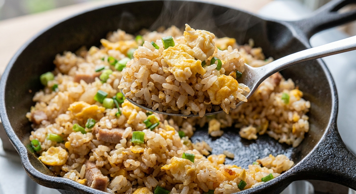 Close-up of a spoon lifting fried rice with separate grains, egg curds, and green onion over a skillet
