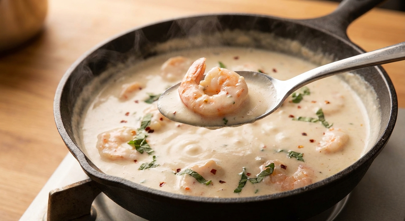 Close-up of a spoon lifting silky coconut sauce with a shrimp, showing the smooth texture in a warm skillet