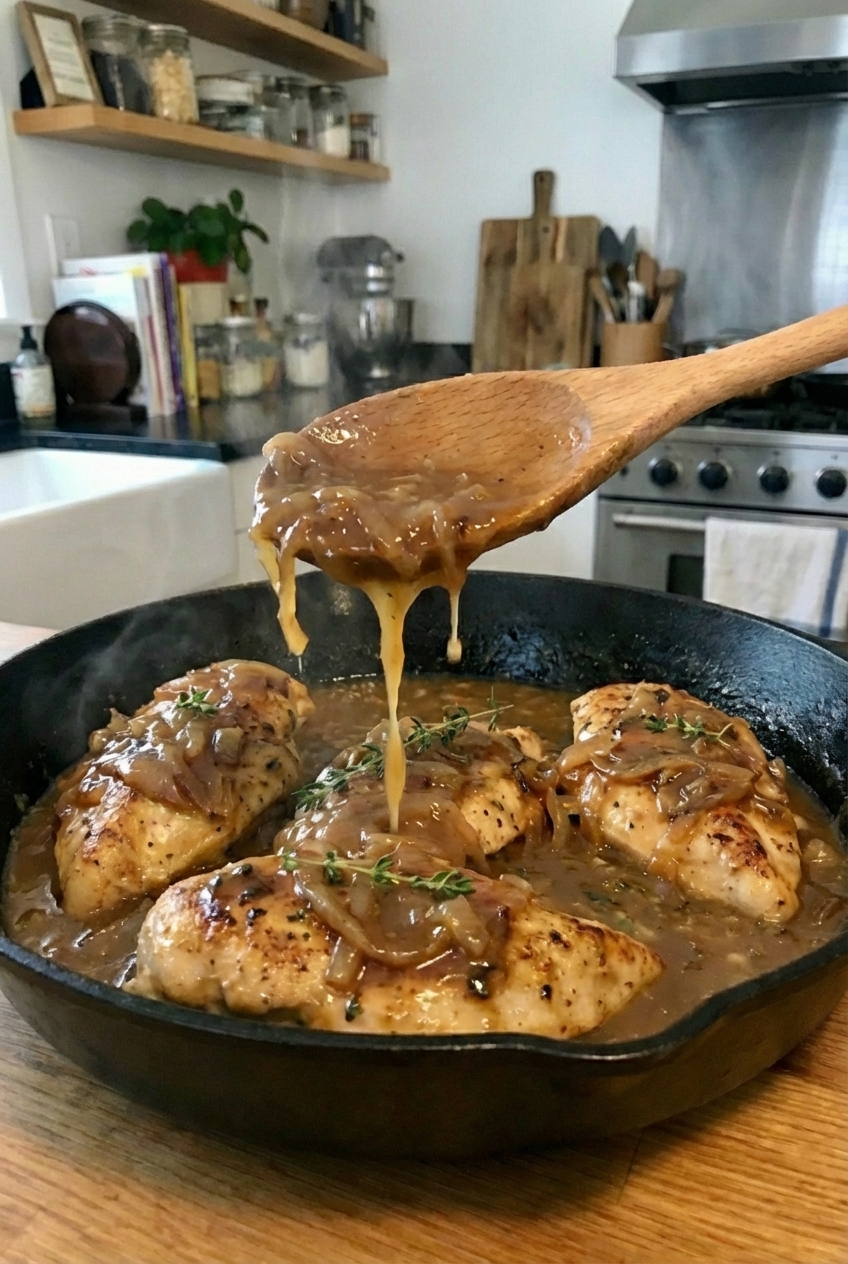 Close-up of a spoon lifting silky onion gravy from a skillet next to seared chicken
