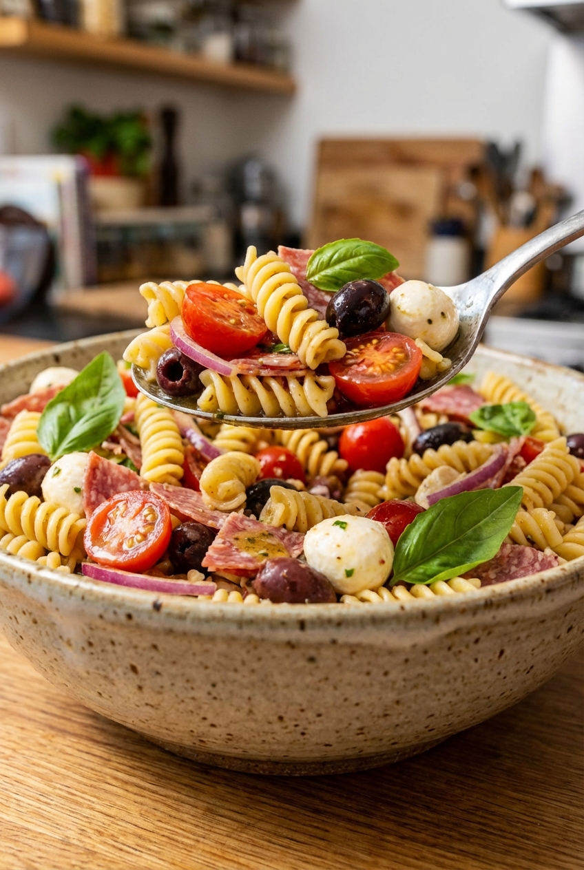 Close-up of a spoon scooping Italian pasta salad with vinaigrette and basil from a bowl
