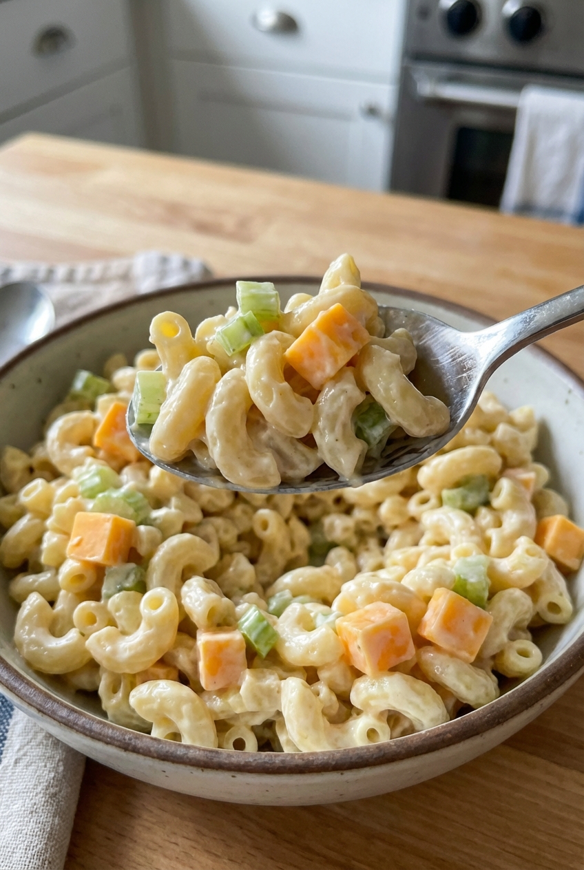 Close-up of a spoon scooping creamy pasta salad, showing dressing clinging to macaroni with bits of celery and cheddar
