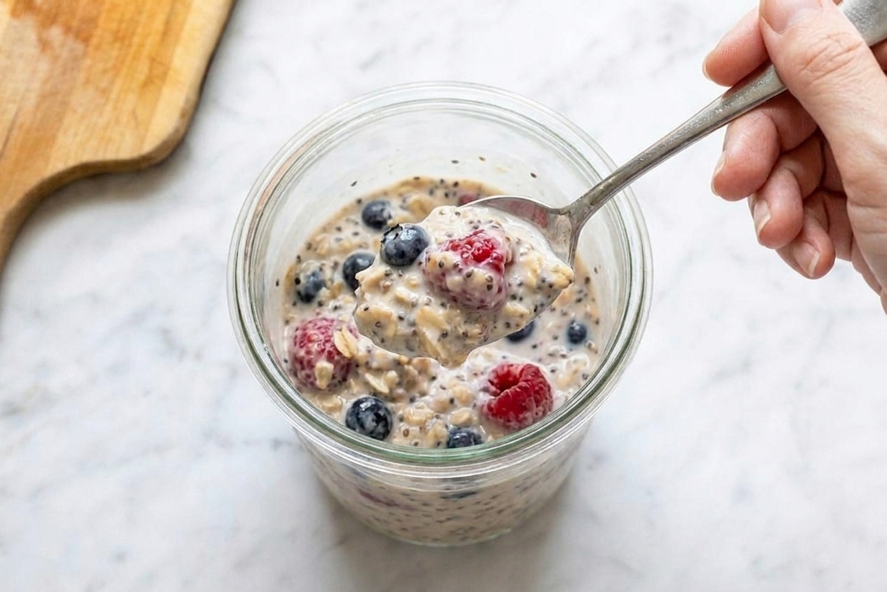 Close-up of a spoon scooping thick overnight oats with visible chia seeds and berries