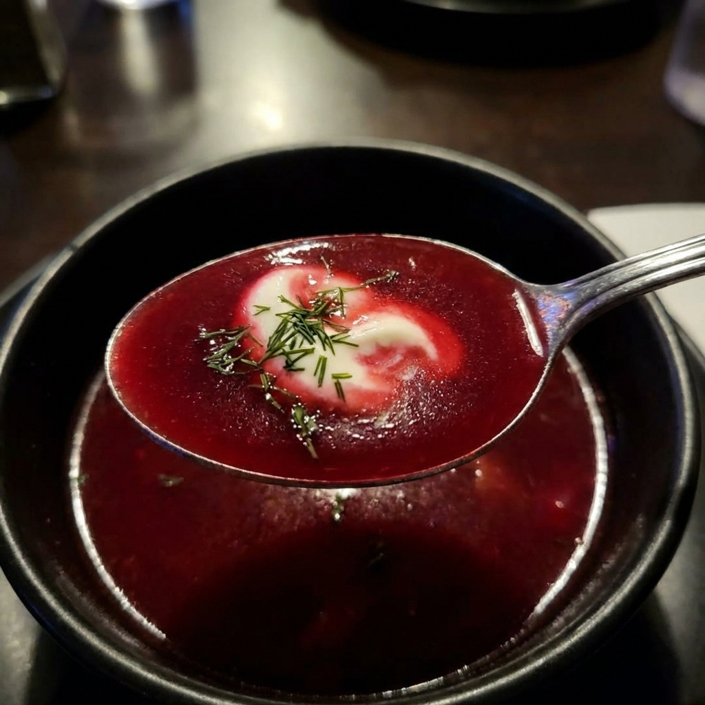 Close-up of a spoonful of smooth borscht with a creamy swirl and chopped dill