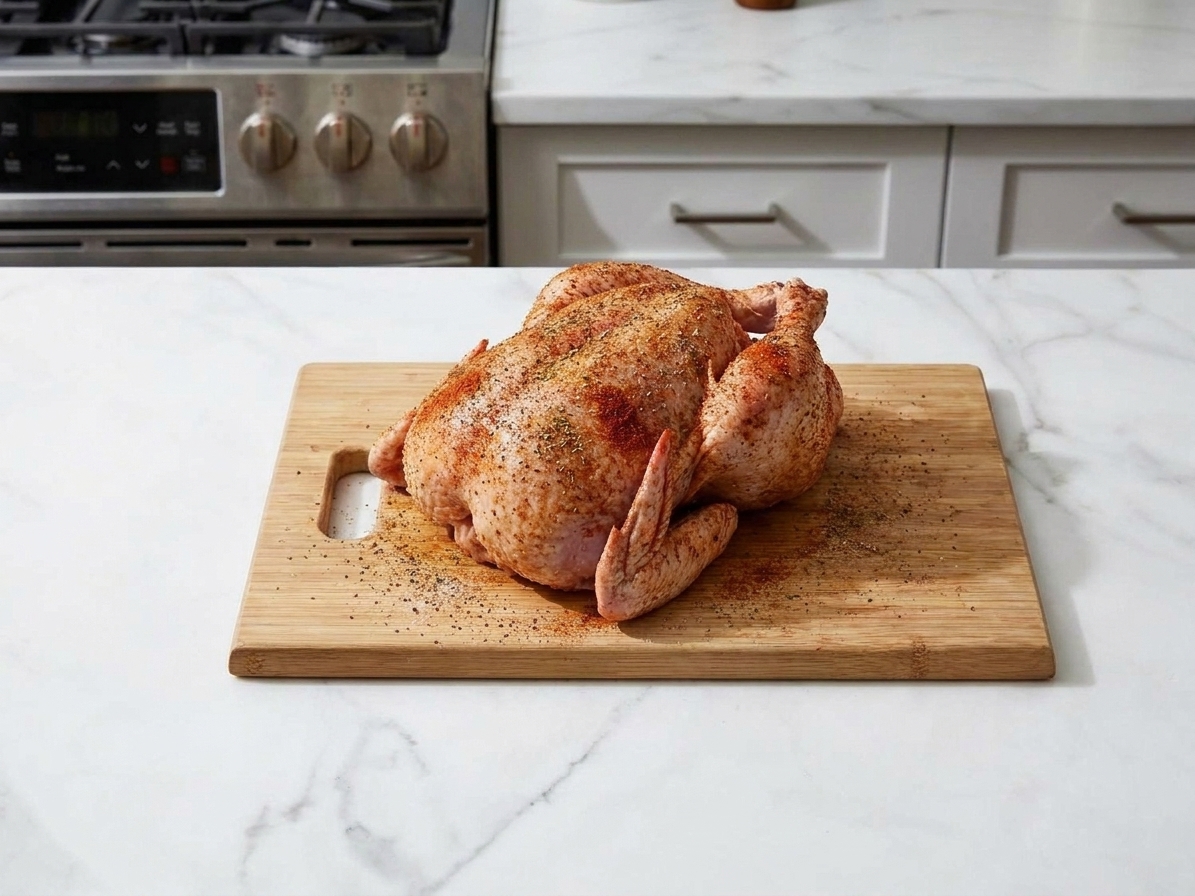 Close-up of a whole chicken coated in paprika and herb seasoning on a cutting board