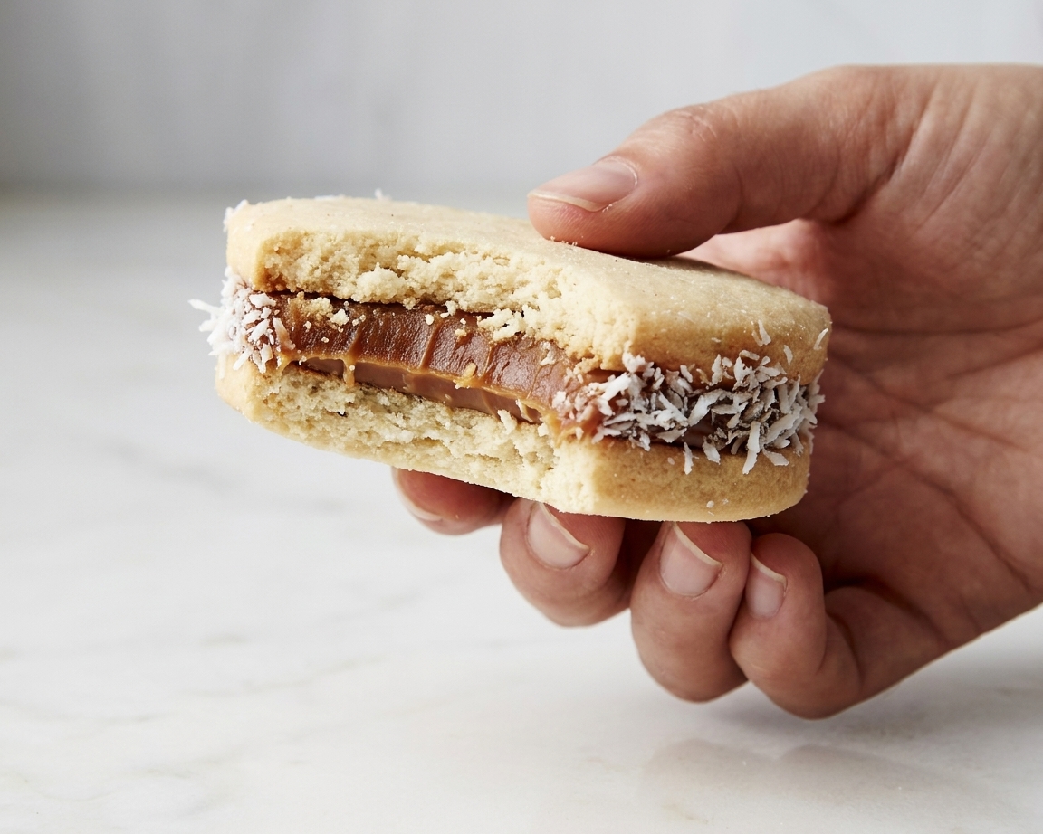Close-up of an alfajor being held in a hand, showing a thick layer of dulce de leche between two pale, tender cookies with coconut on the edges