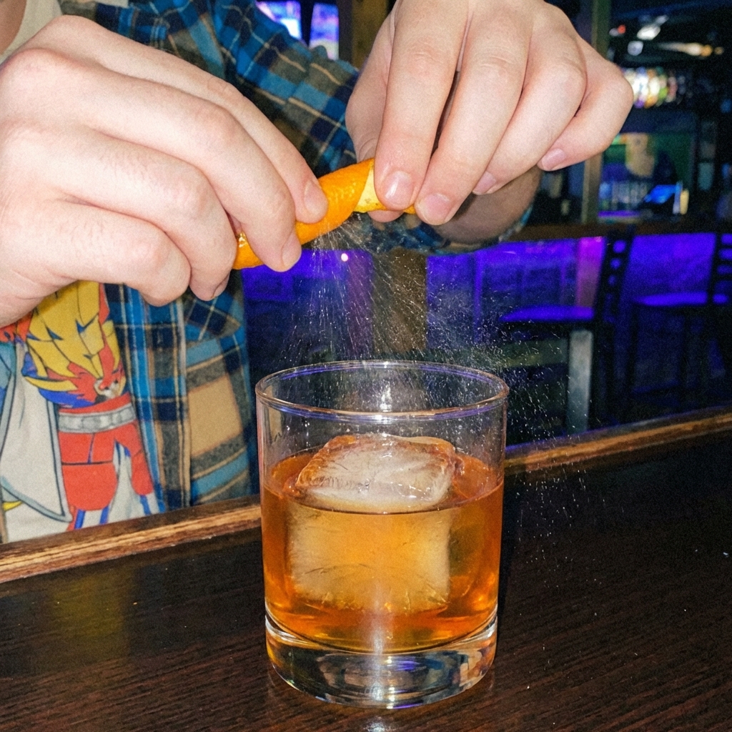 Close-up of an orange peel being expressed over an Old Fashioned glass, with citrus oils misting above the drink