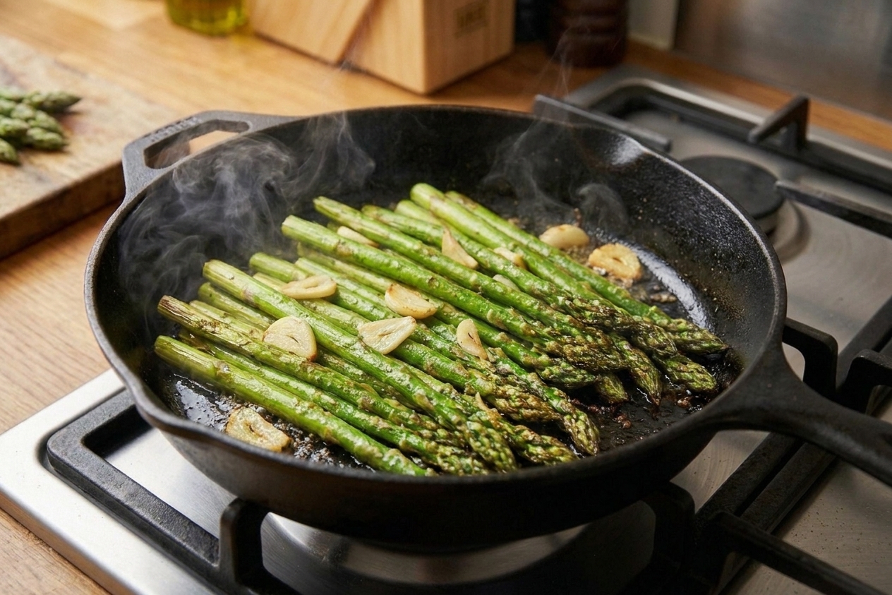 Close-up of asparagus in a skillet as sliced garlic and melted butter coat the spears, with steam rising