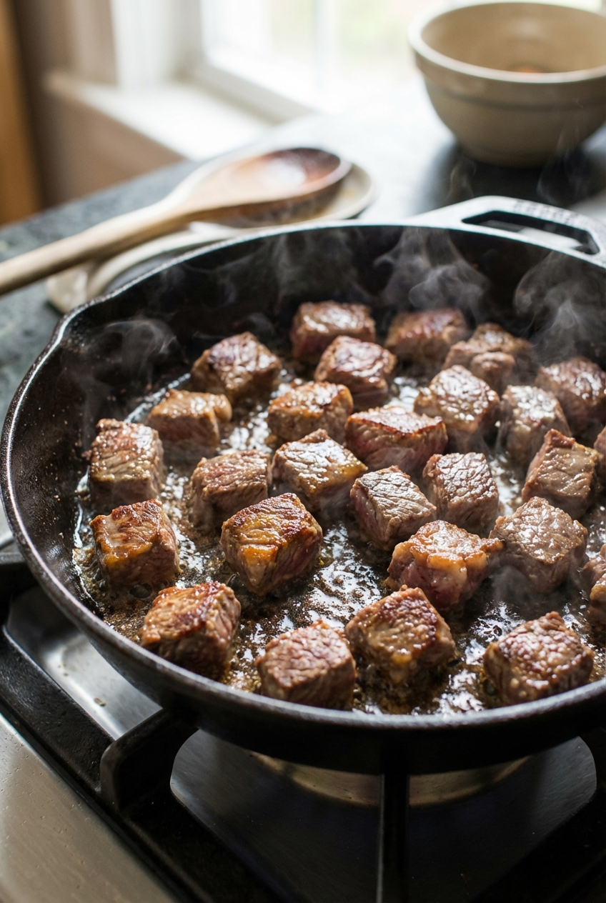 Close-up of beef tips sizzling in a skillet as a golden crust forms on the edges