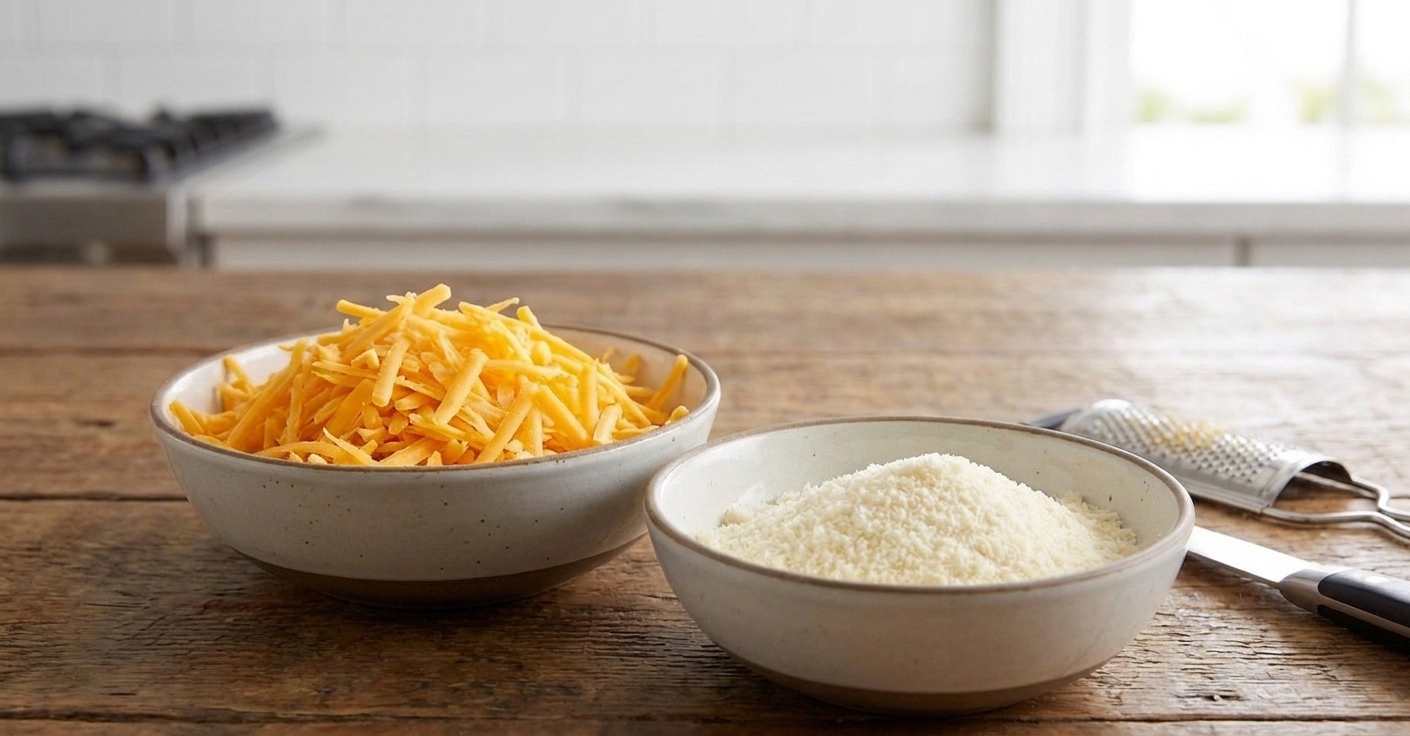 Close-up of bowls filled with freshly shredded sharp cheddar and finely grated Parmesan on a kitchen counter