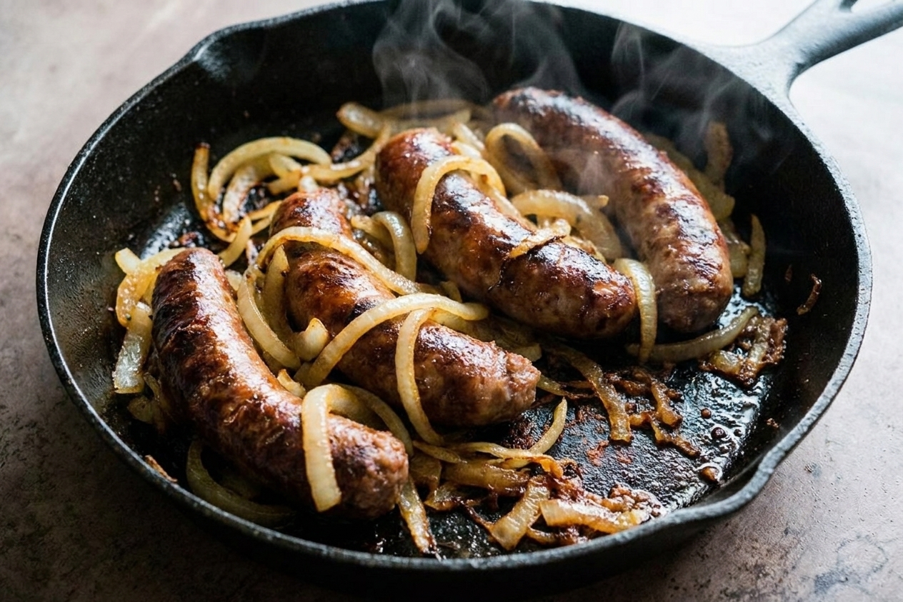 Close-up of browned bratwurst links in a cast iron skillet with caramelized onion strands and browned bits on the pan surface