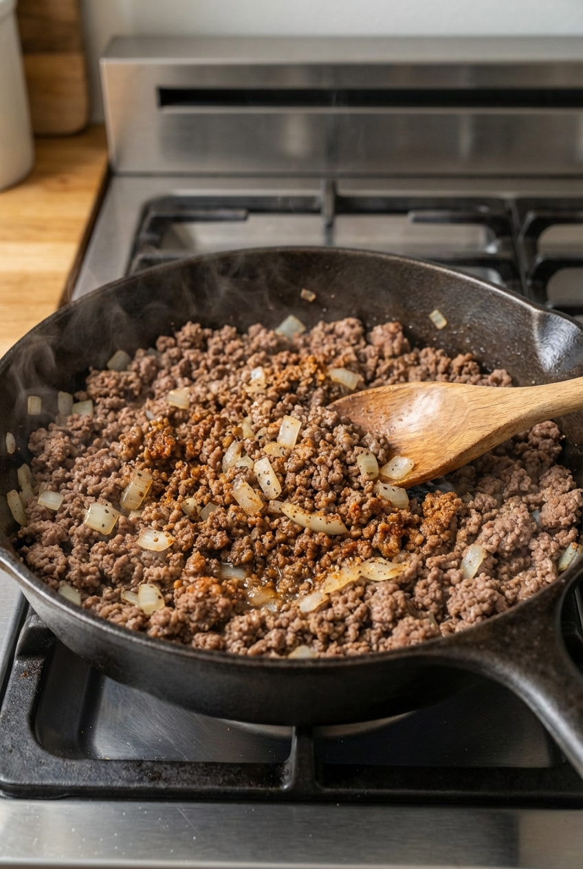 Close-up of browned ground beef in a skillet with onions and spices