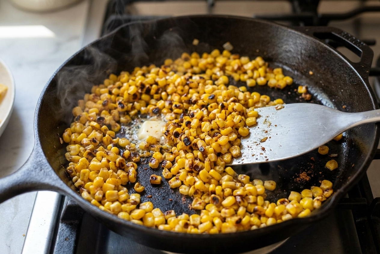Close-up of charred corn kernels in a hot skillet with browned spots and steam rising
