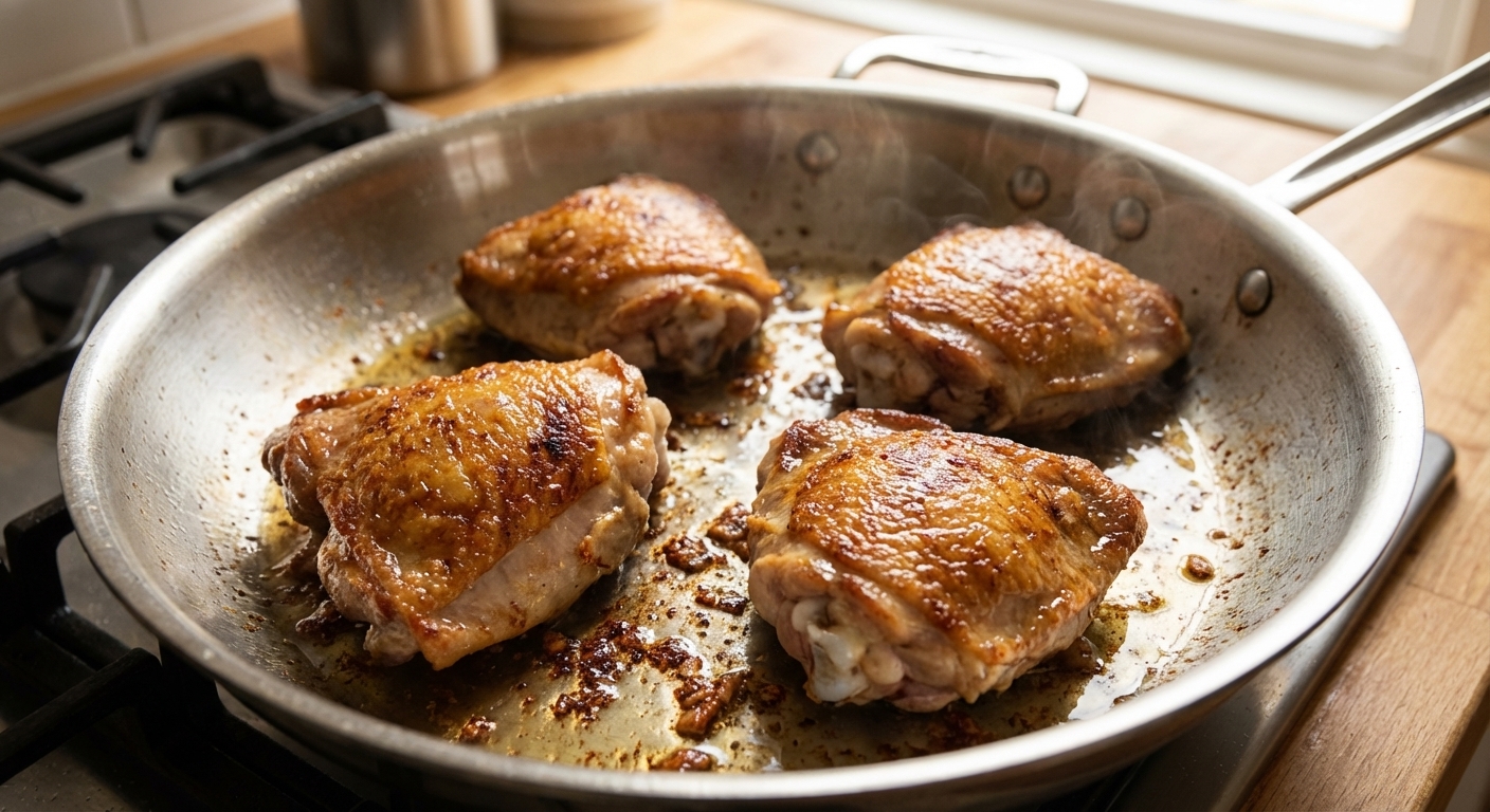 Close-up of chicken thighs browning in a stainless steel skillet with a light sheen of oil, showing crisp golden edges and browned bits on the pan surface, photorealistic