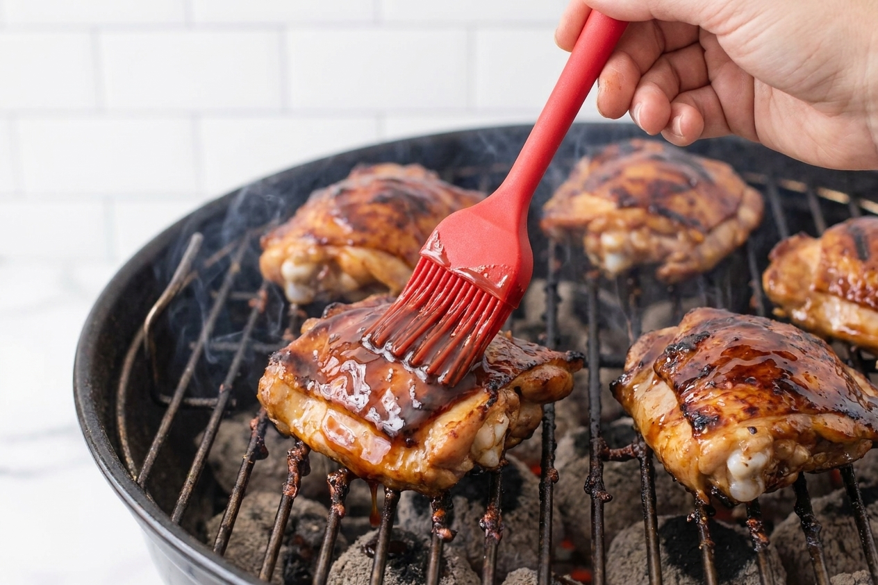 Close-up of chicken thighs on a grill being brushed with glossy huli huli glaze using a silicone brush
