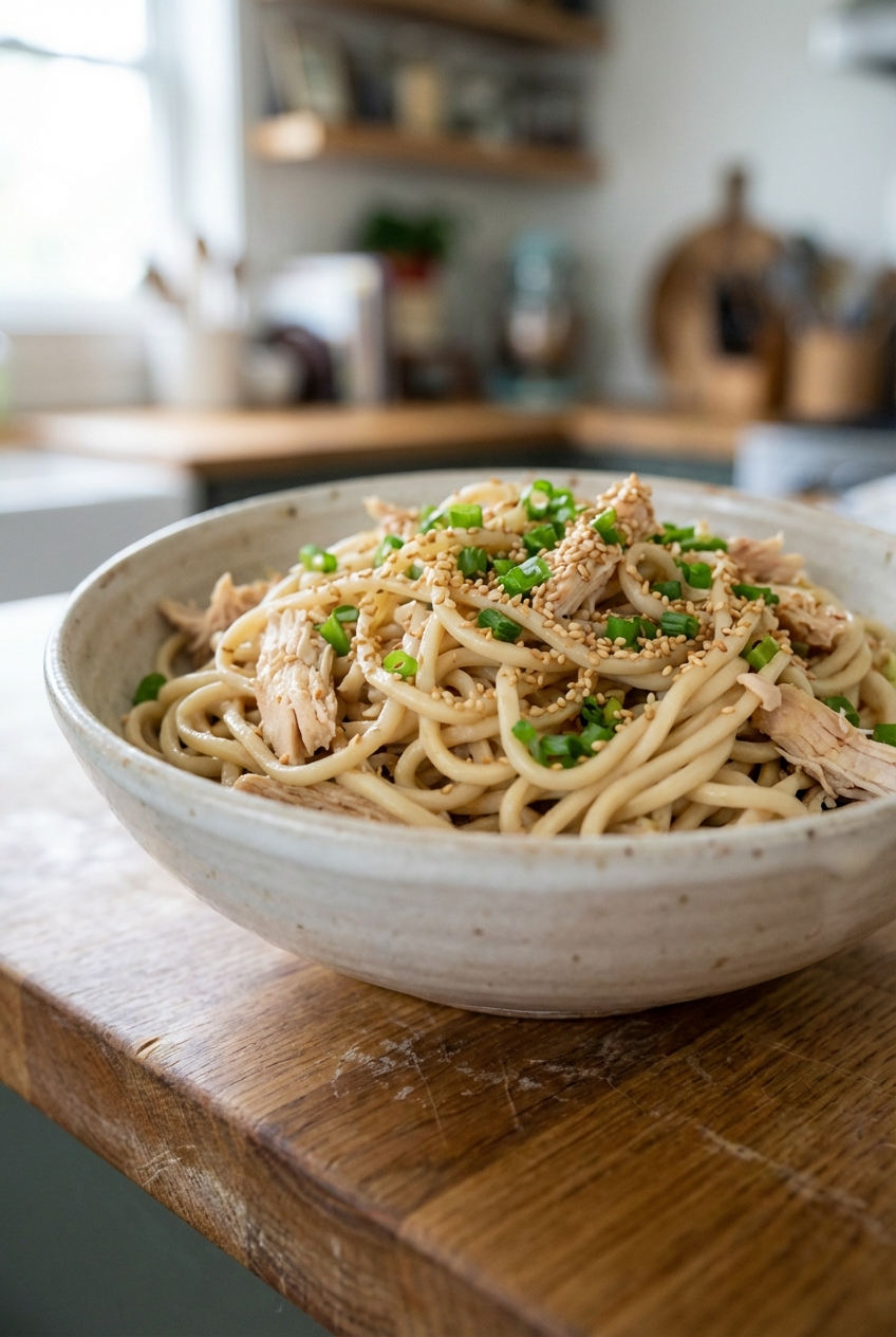Close-up of chilled chicken lo mein noodles with sesame seeds and scallions in a ceramic bowl