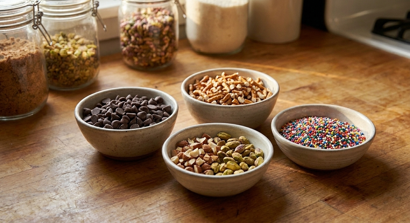 Close-up of chocolate chips, crushed pretzels, chopped nuts, and colorful sprinkles in small bowls ready for topping chocolate bark