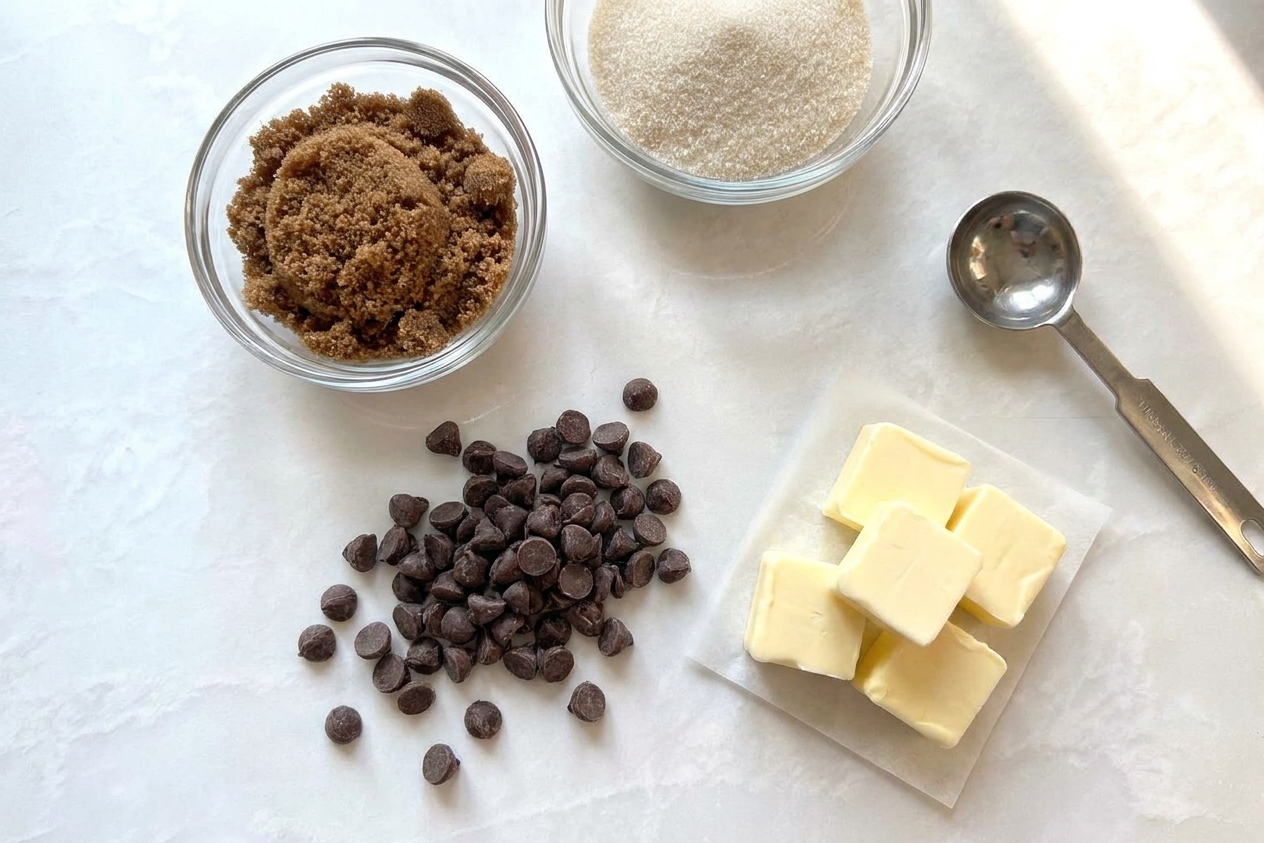 Close-up of chocolate chips, cubes of butter, and bowls of brown sugar and granulated sugar arranged for baking on a kitchen counter