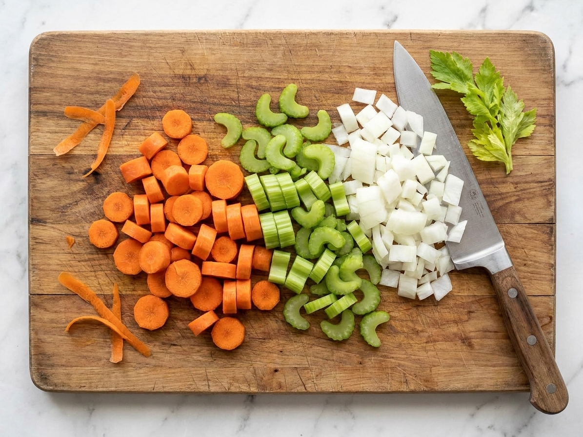 Close-up of chopped carrots, sliced celery, and diced onion on a cutting board with a chef's knife