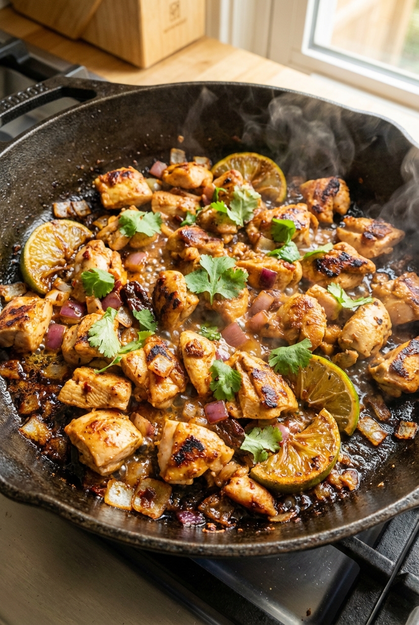 Close-up of chopped chipotle-lime chicken sizzling in a skillet with browned bits